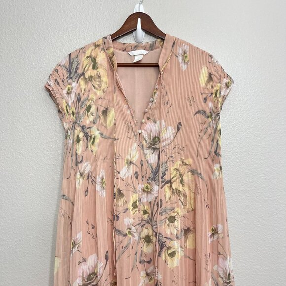 H&M Pleated Maxi Dress Size 6 Women's Floral Print Pink Peach Short Sleeve - Picture 2 of 5